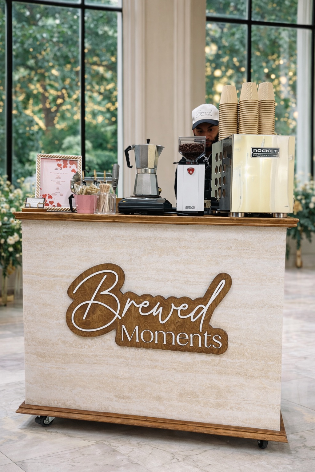 Brewed Moments Coffee Cart barista serving espresso drinks at an event on Long Island