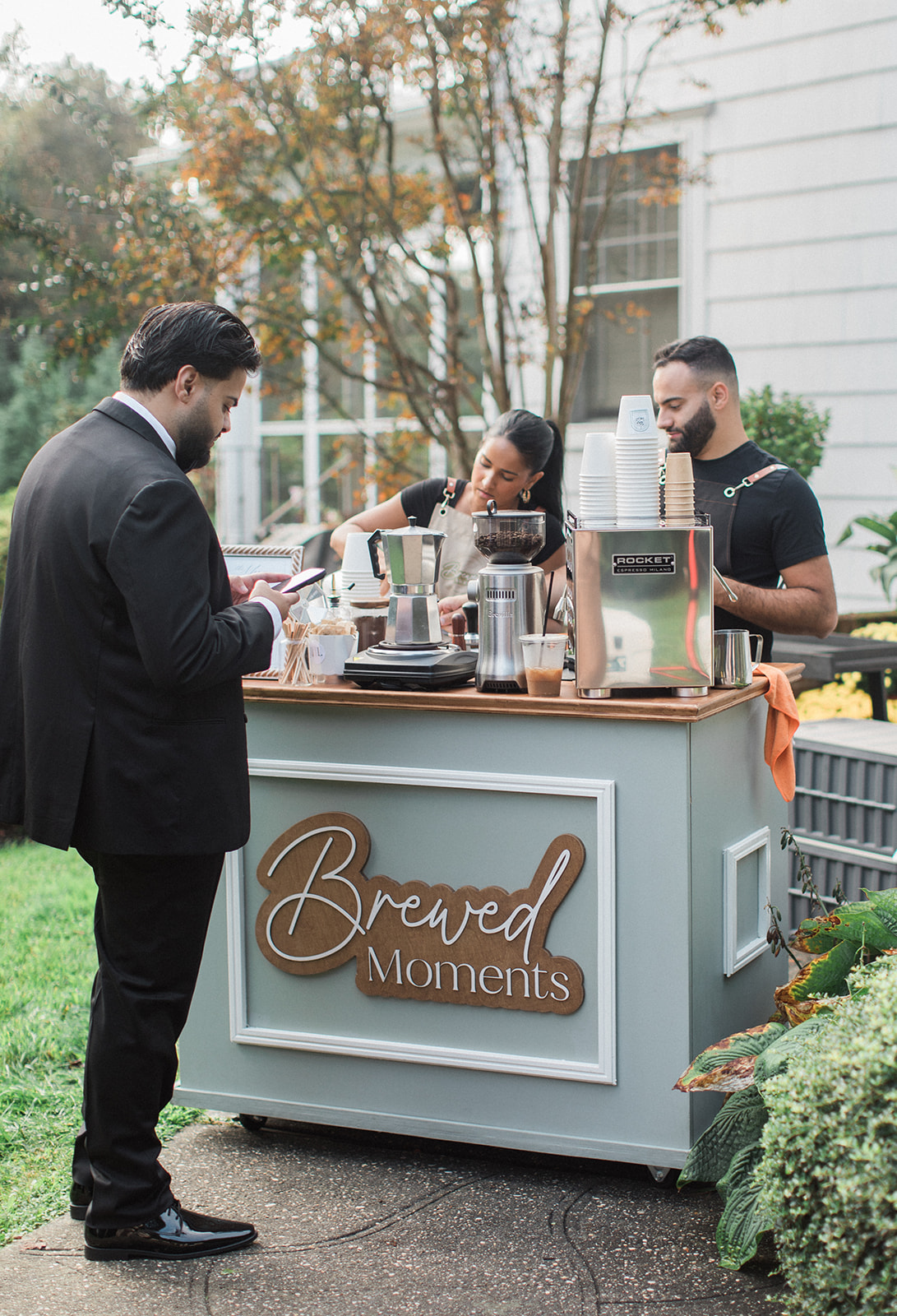 Brewed Moments Coffee Cart espresso bar setup serving guests at a New York event